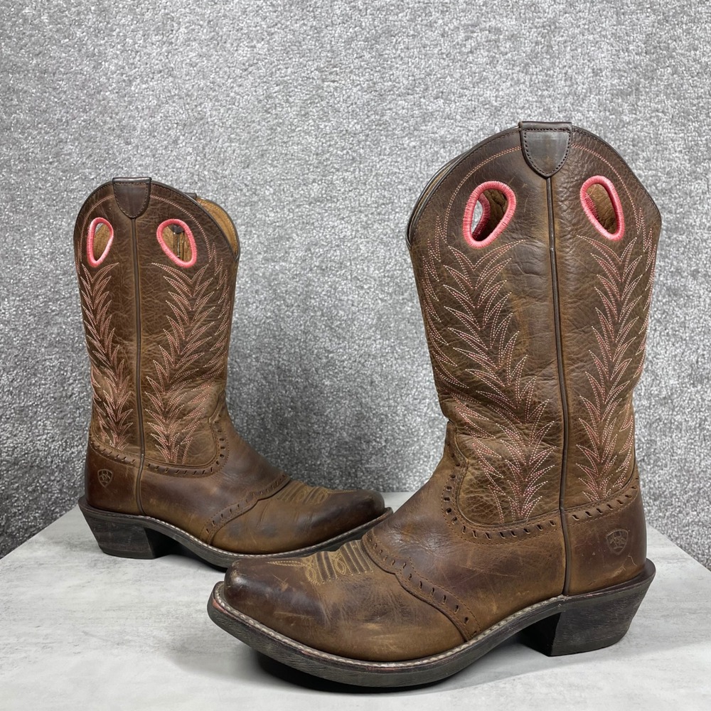 Ariat Boots Womens 8.5 Brown Leather Pink Embroidery Square Toe Western Cowgirl